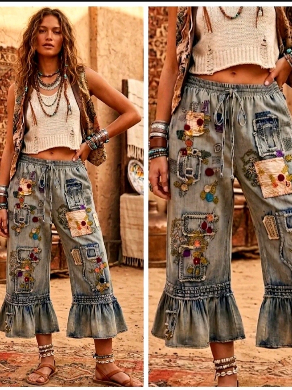 Blue Velvet Patchwork Embroidered Wide Leg Ruffle-Hem Pants Bloomers